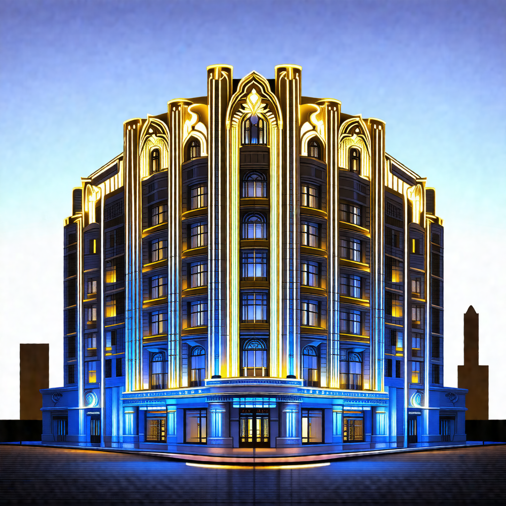 Large, blue and gold building with a prominent clock tower