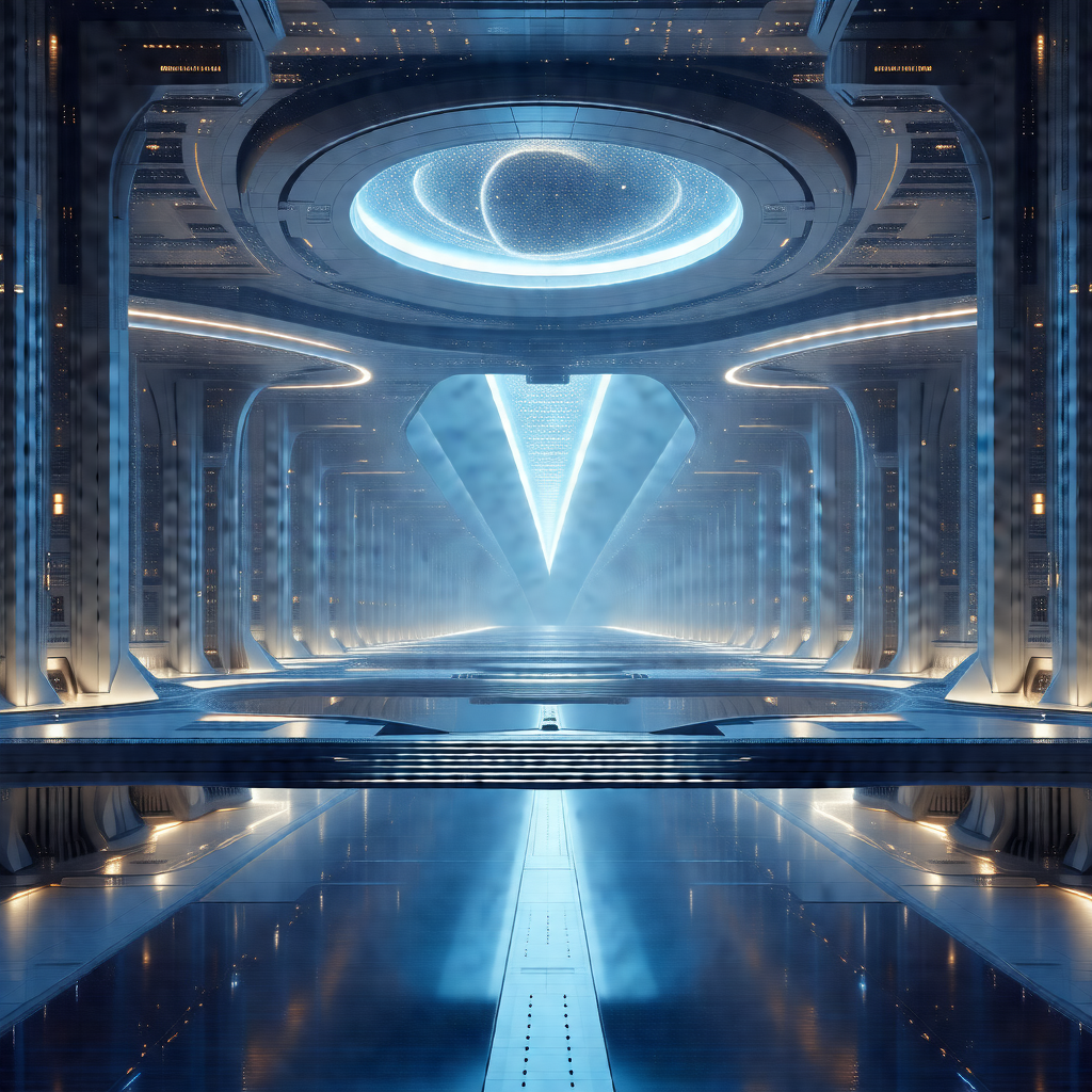 Futuristic space station with a large, open, and empty room