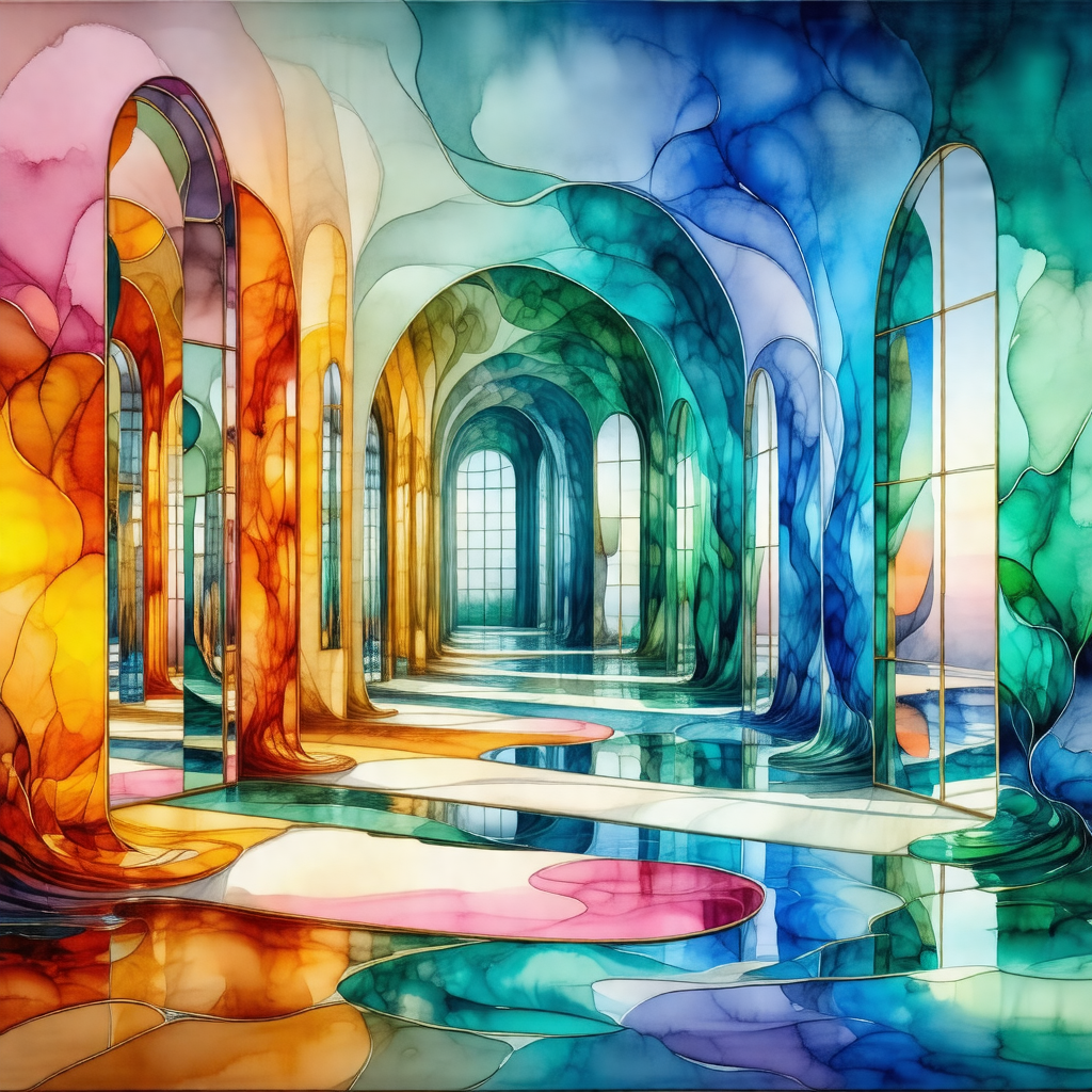 Painting of a large, colorful room with a long hallway