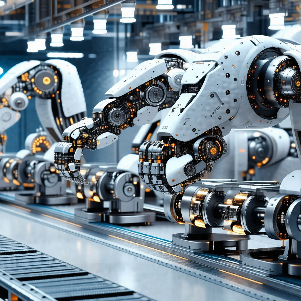 Factory setting with a row of white robots lined up on a ...