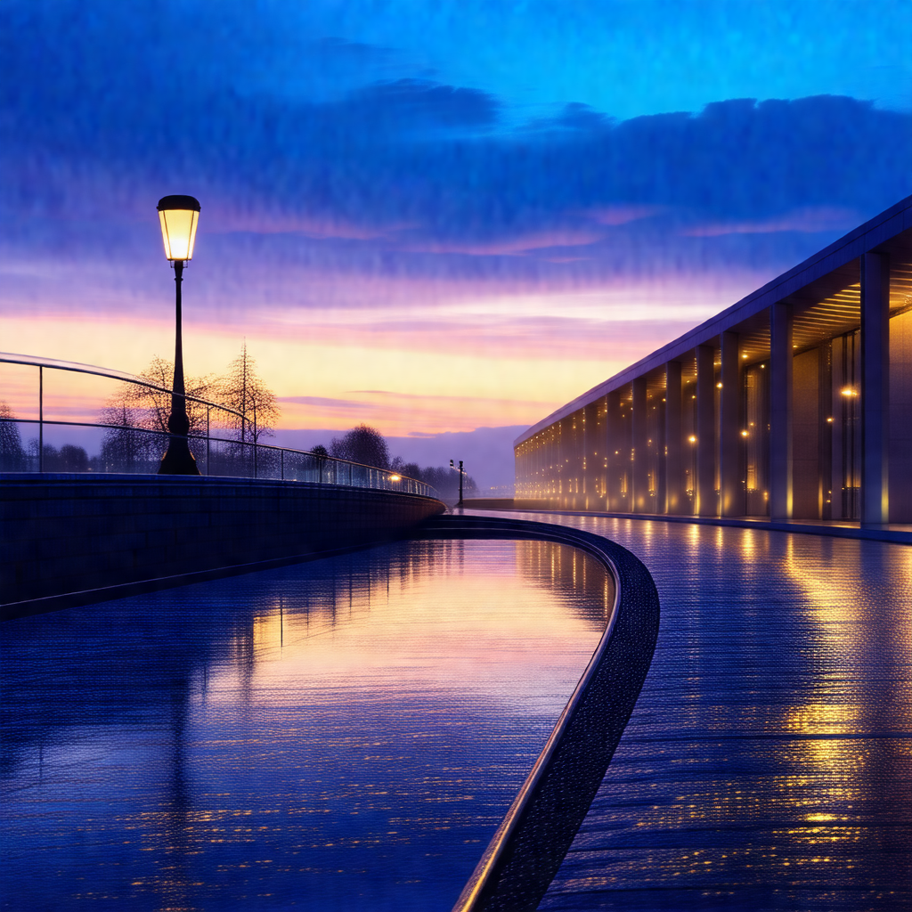 Long, narrow walkway with a reflective surface, likely a ...