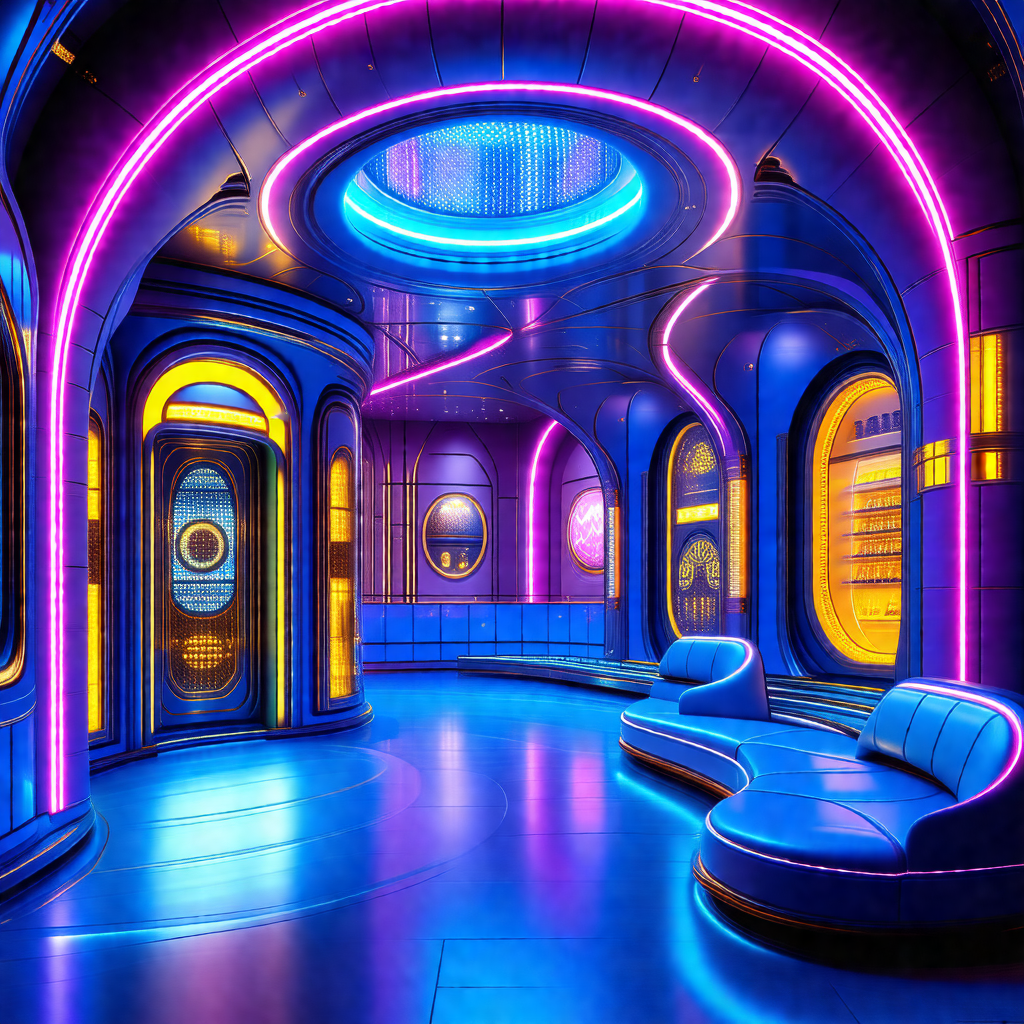 Futuristic room with a blue and purple color scheme