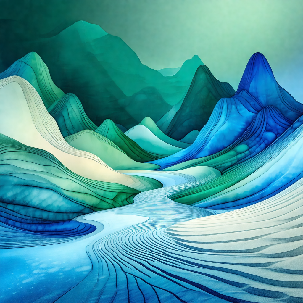 Painting of a mountainous landscape with a river flowing ...