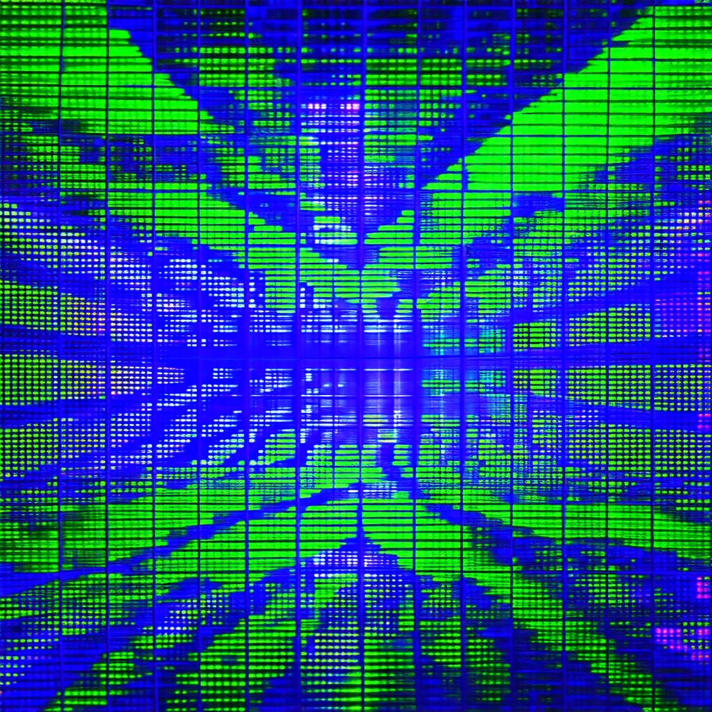 Close-up of a computer screen displaying a green and blue...