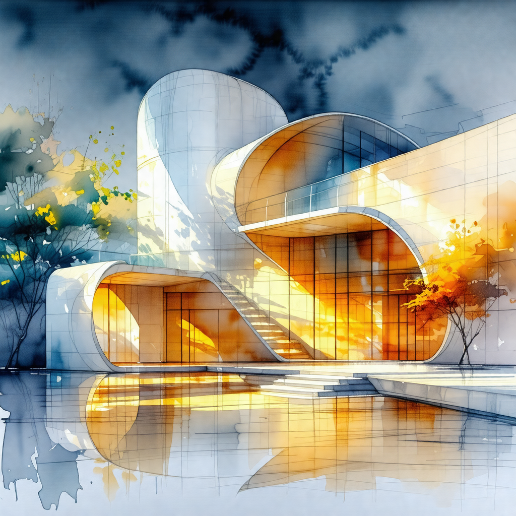 Drawing of a modern building with a large glass wall