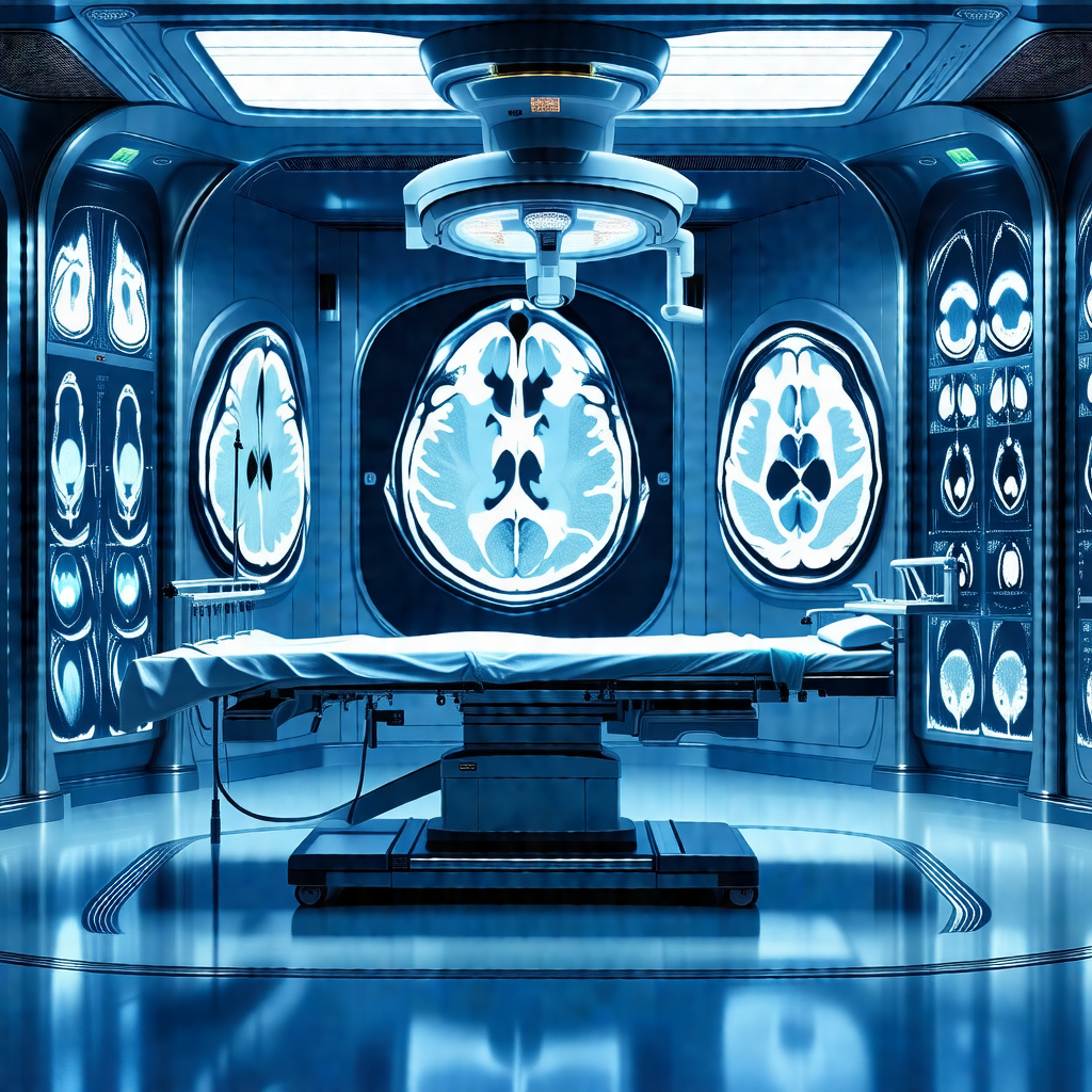 Hospital room with a large, blue-lit operating room