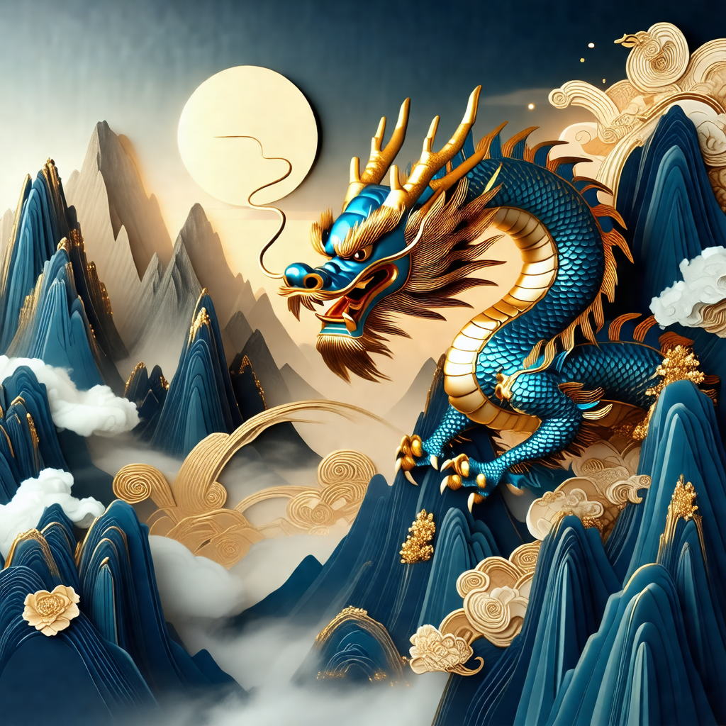 Dragon with a gold and blue color scheme, sitting on top ...