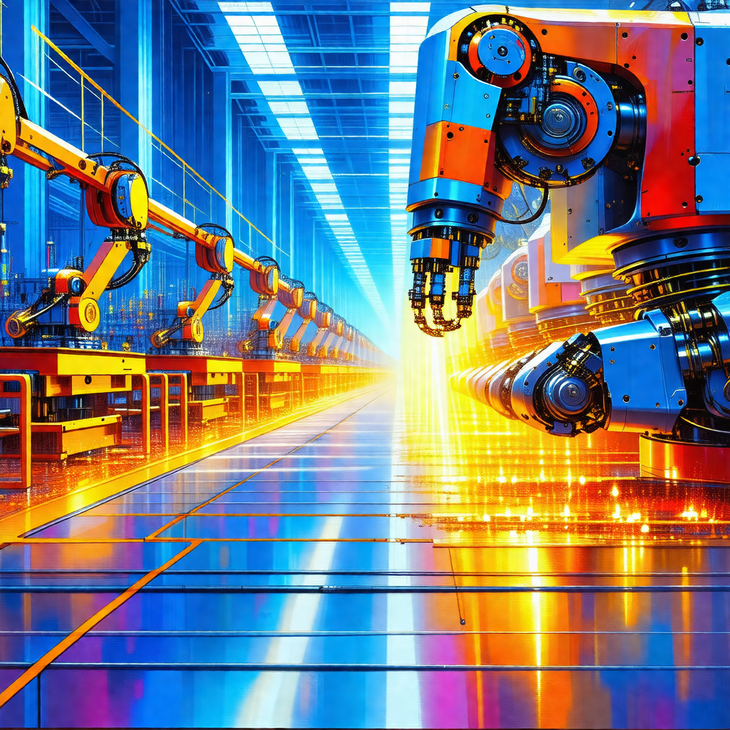 Colorful painting of a factory floor filled with various ...