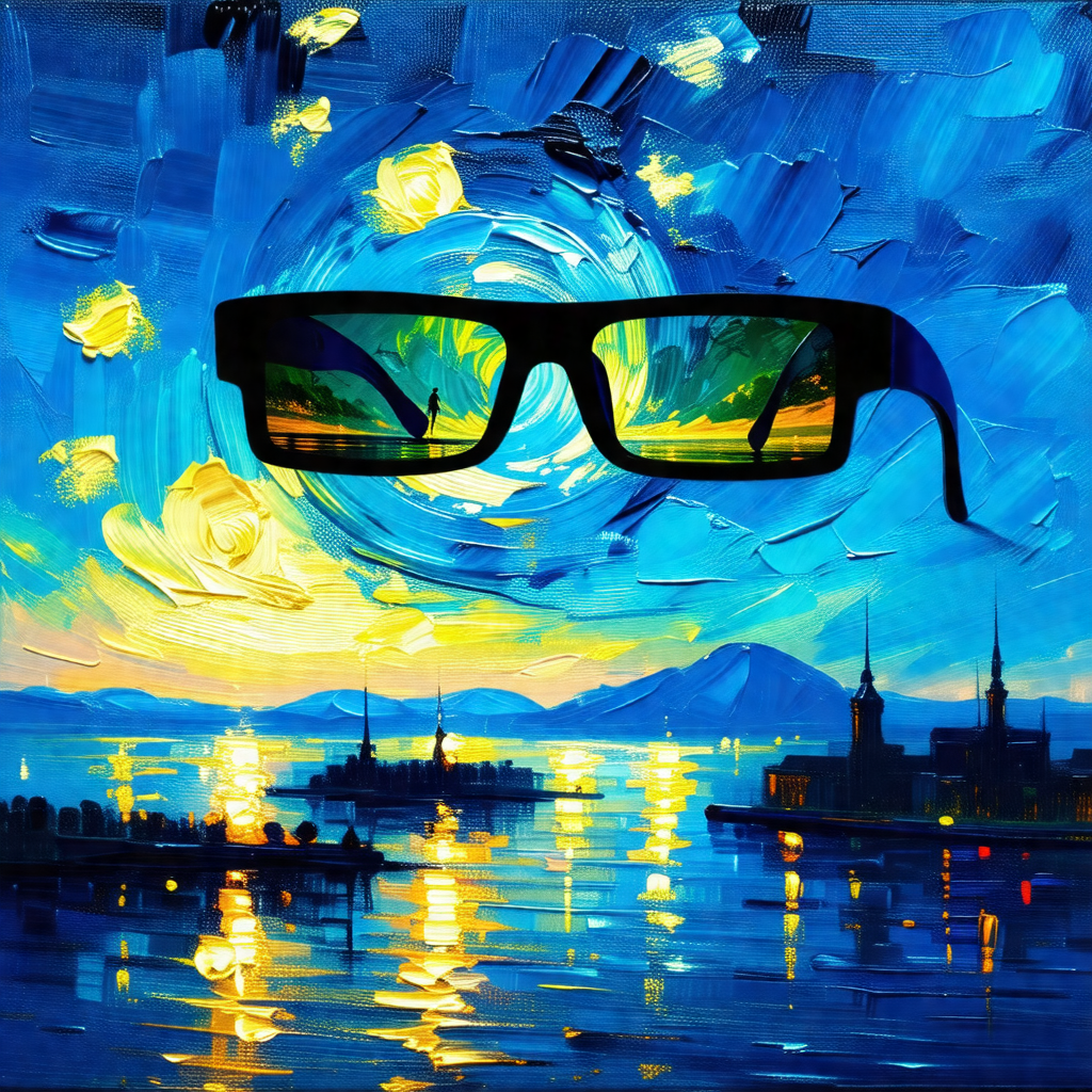 Painting of a cityscape at sunset, with a large body of w...