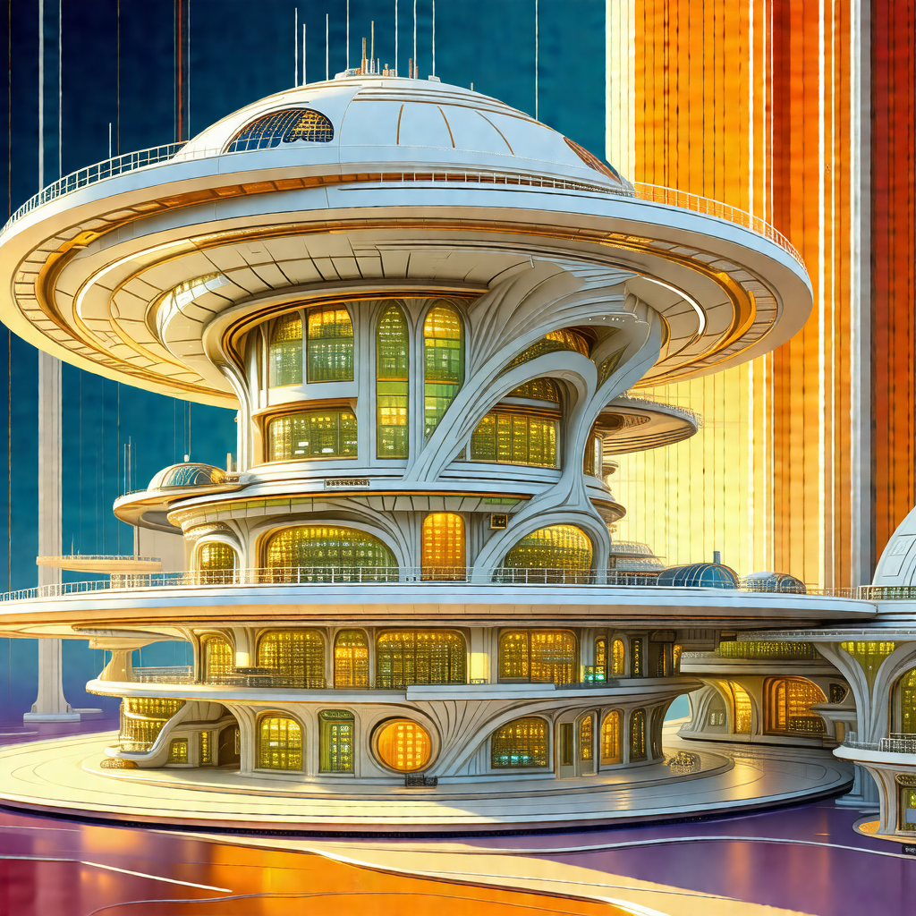 Colorful, futuristic drawing of a large, multi-level buil...