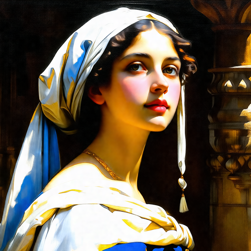 Painting of a woman wearing a blue dress and a white veil