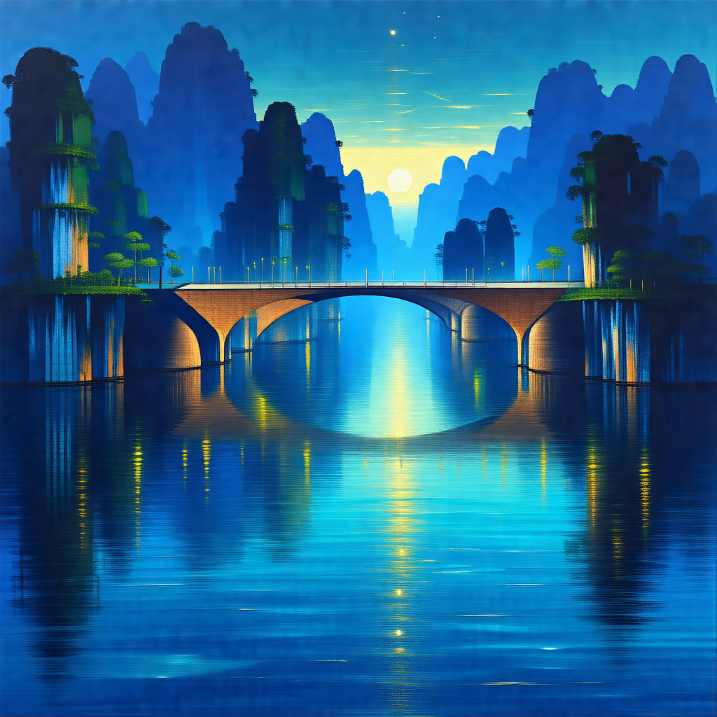 Beautiful scene of a bridge over a river, surrounded by m...