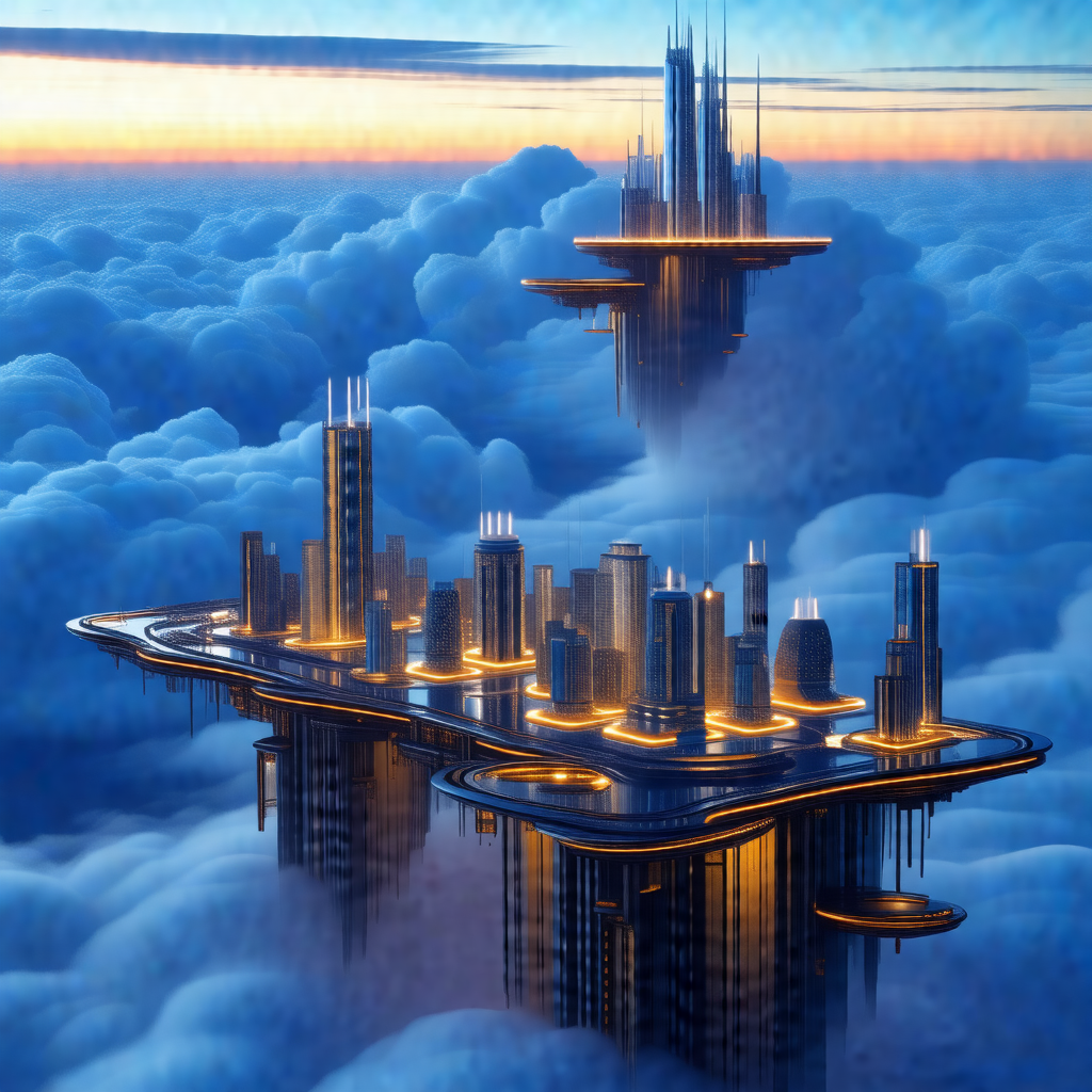 Futuristic cityscape with a large, illuminated tower in t...