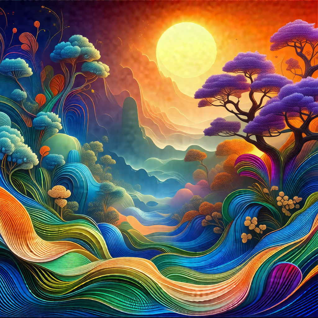Colorful painting of a forest with a sunset in the backgr...