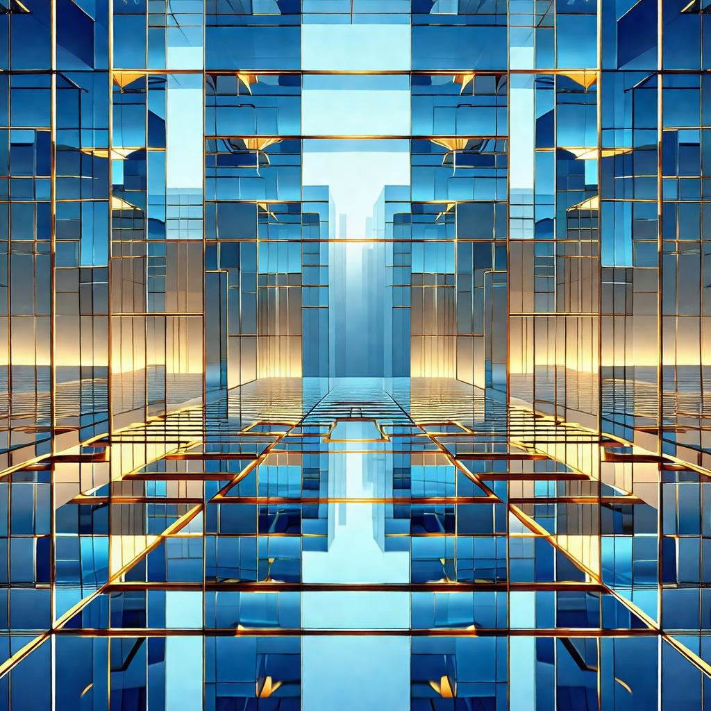 Blue and gold painting of a tall building with a large wi...