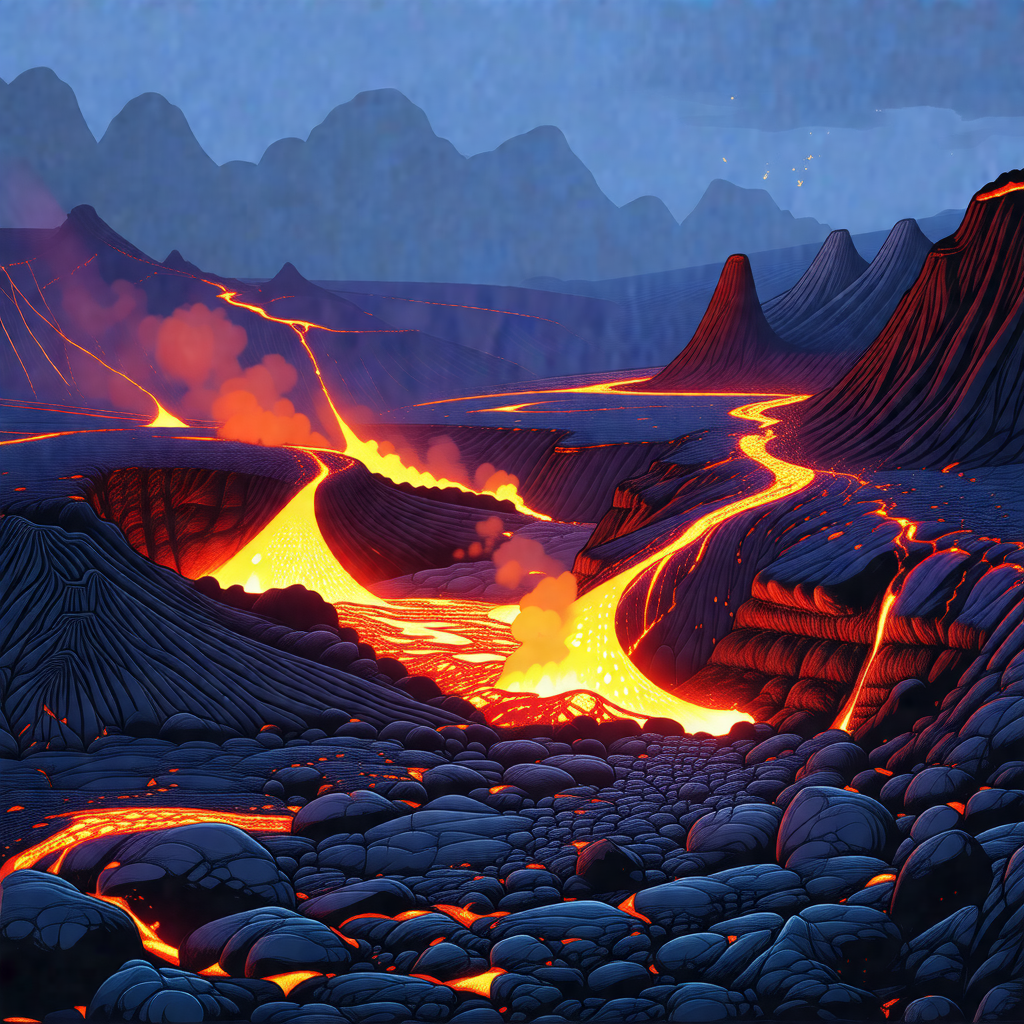 Colorful, hand-drawn illustration of a volcano with a flo...
