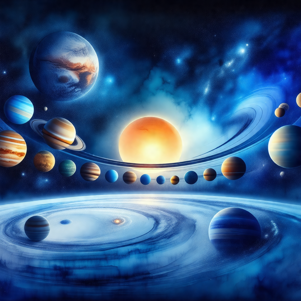 Painting of a solar system, featuring a variety of planet...