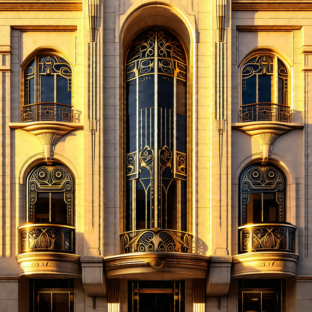 Large, ornate building with a prominent gold and black fa...