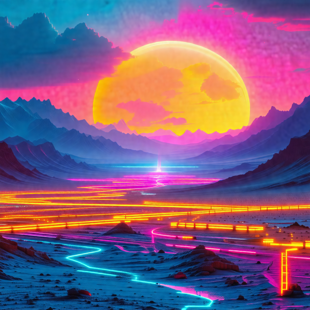 Beautifully drawn digital artwork of a sunset in a desert...
