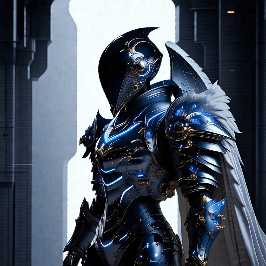 Man dressed in a futuristic armor, standing in a dark room