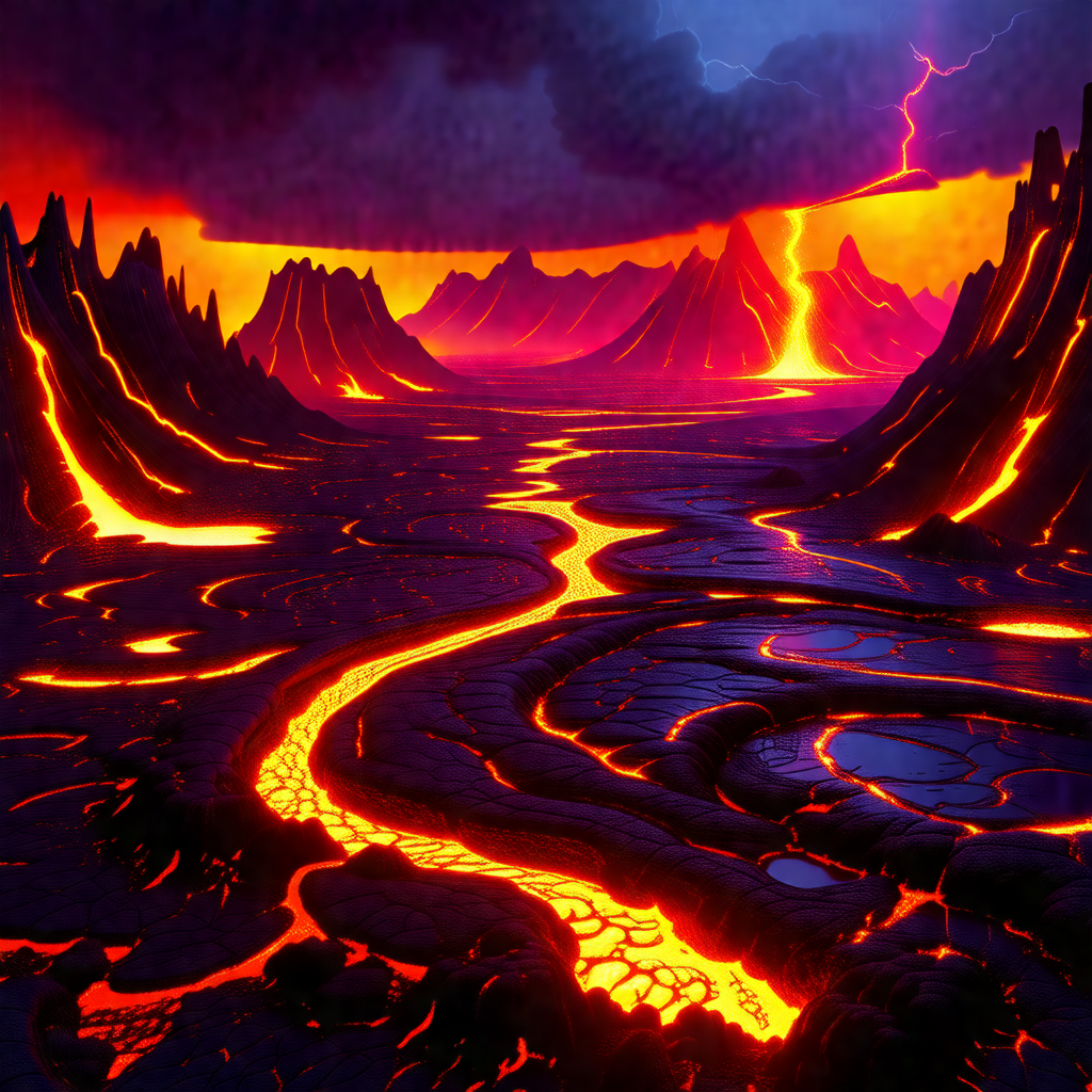 Colorful and detailed painting of a volcanic landscape