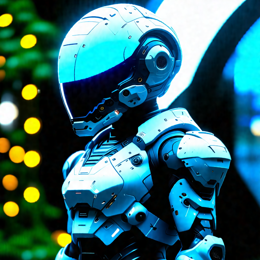 Futuristic robot with a white helmet, standing in a dark ...