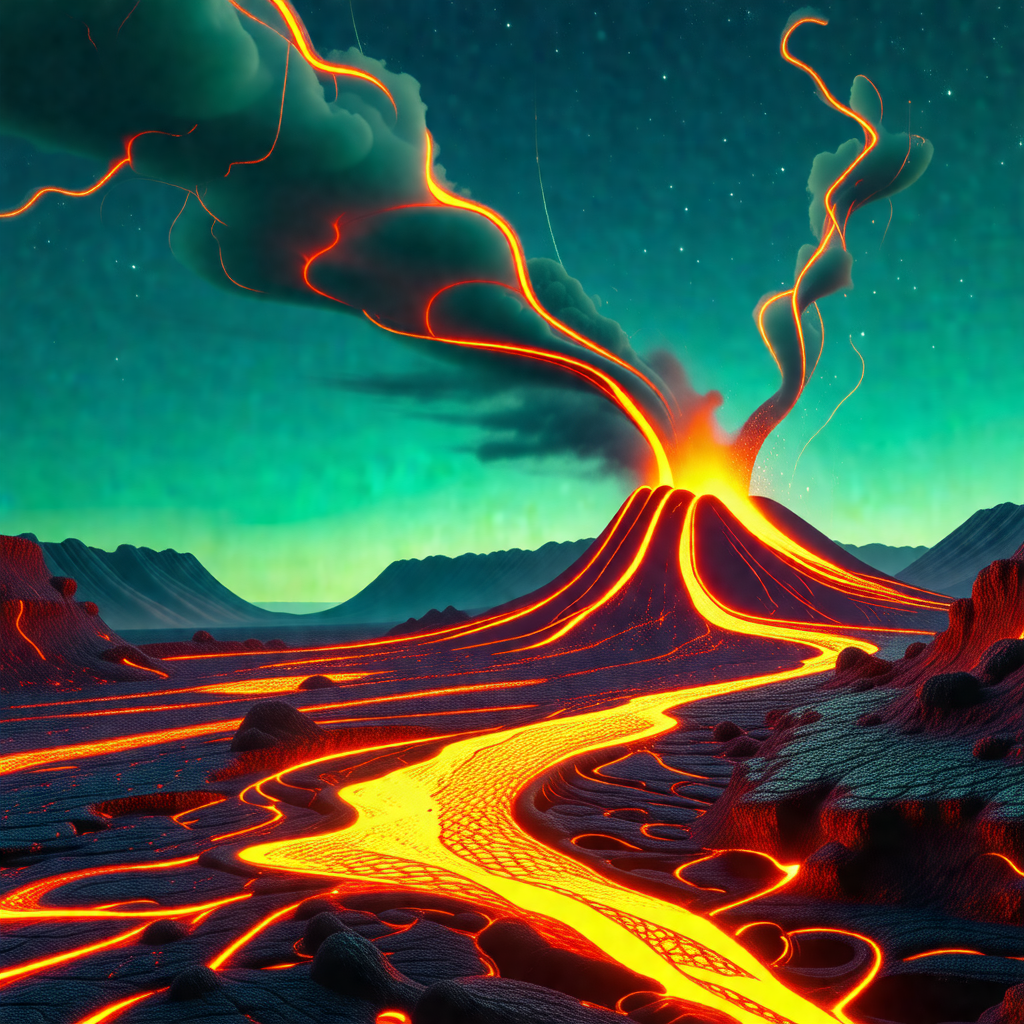 Colorful and detailed illustration of a volcano with a ri...