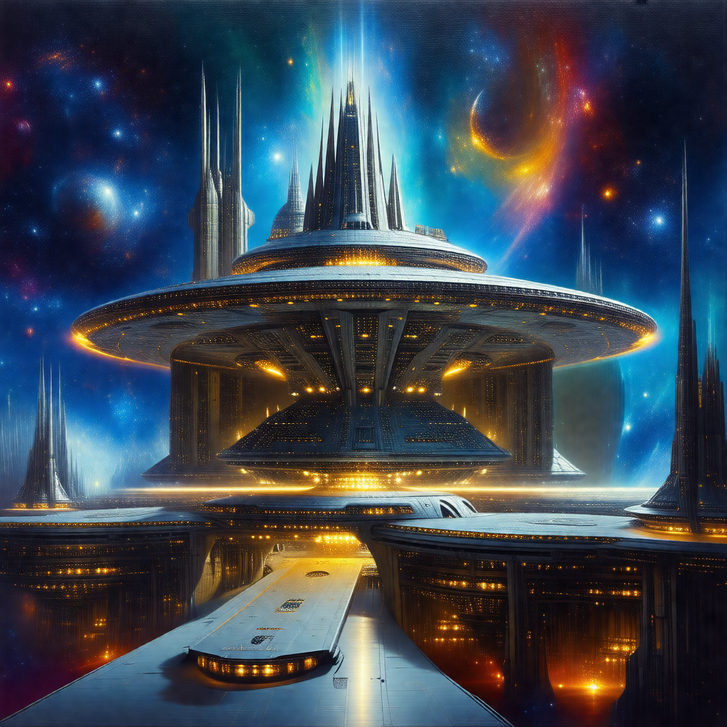 Futuristic painting of a large, circular building with a ...
