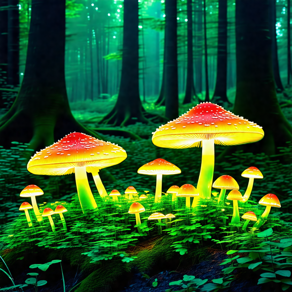 Forest with a group of mushrooms growing on the ground