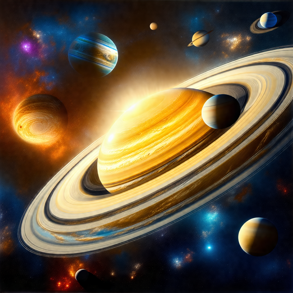 Painting of a solar system, featuring a large, colorful p...
