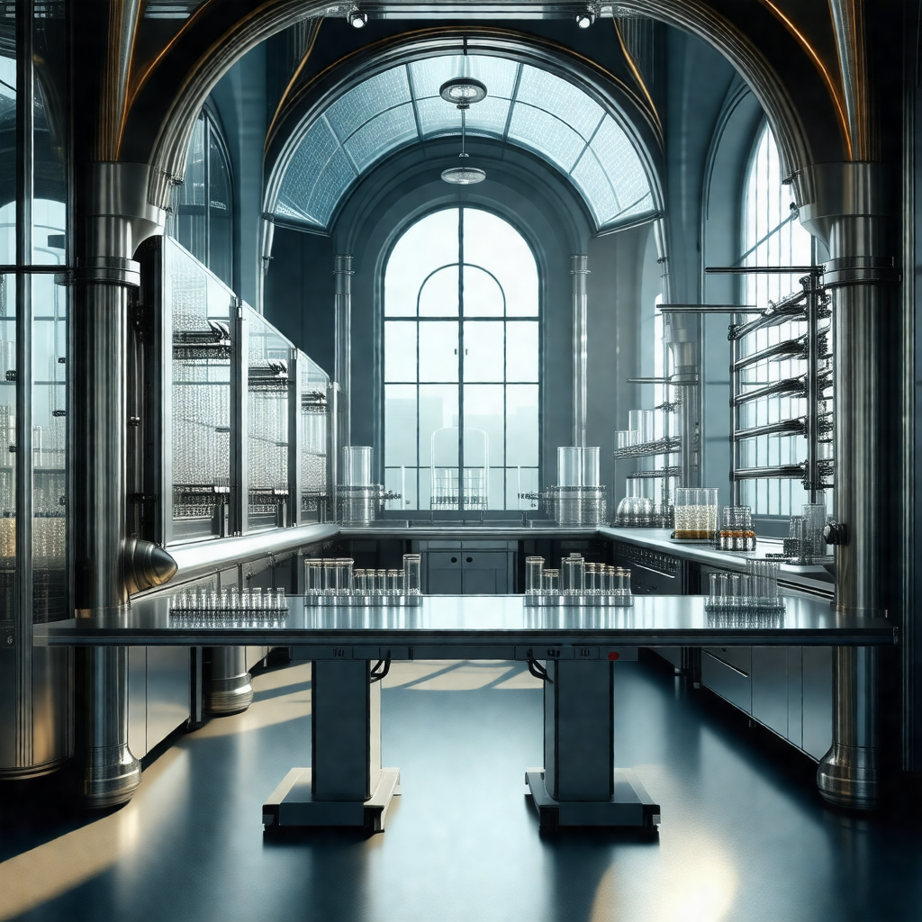 Large, well-lit laboratory with a long, shiny metal counter