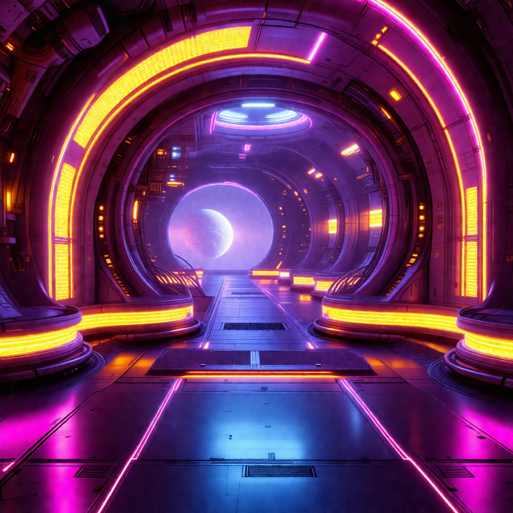 Futuristic space station with a purple glow