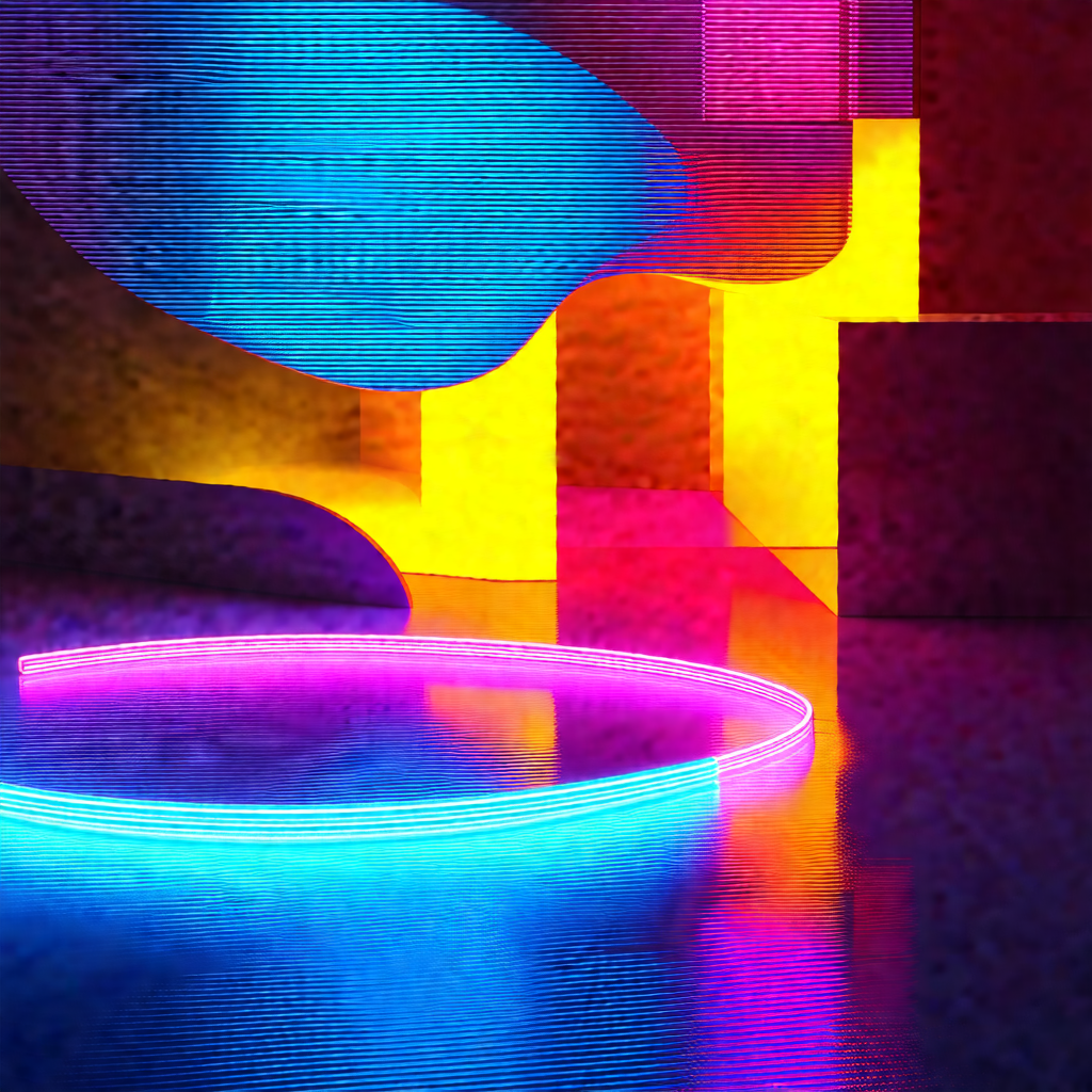 Large, colorful, and illuminated sculpture in a dark room