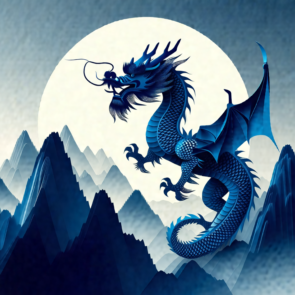 Dragon with a long tail, flying through the sky