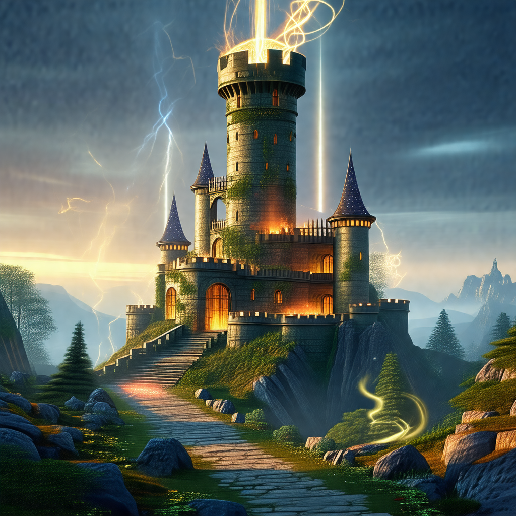 Digital painting of a fantasy castle with a moat and a dr...