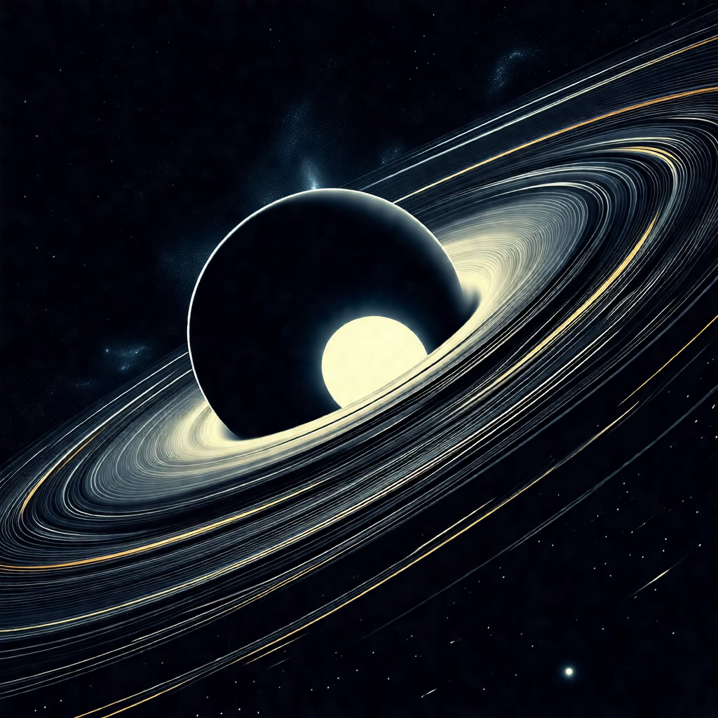 Black and white drawing of a planet with a large black ho...