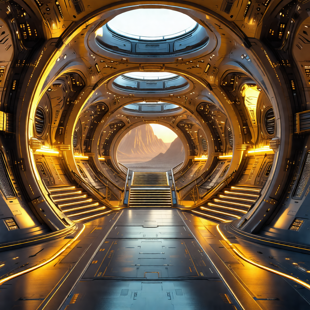 Futuristic space station with a large, open, and circular...