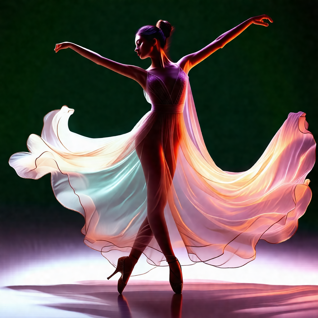 Woman in a flowing dress, standing on a stage and perform...
