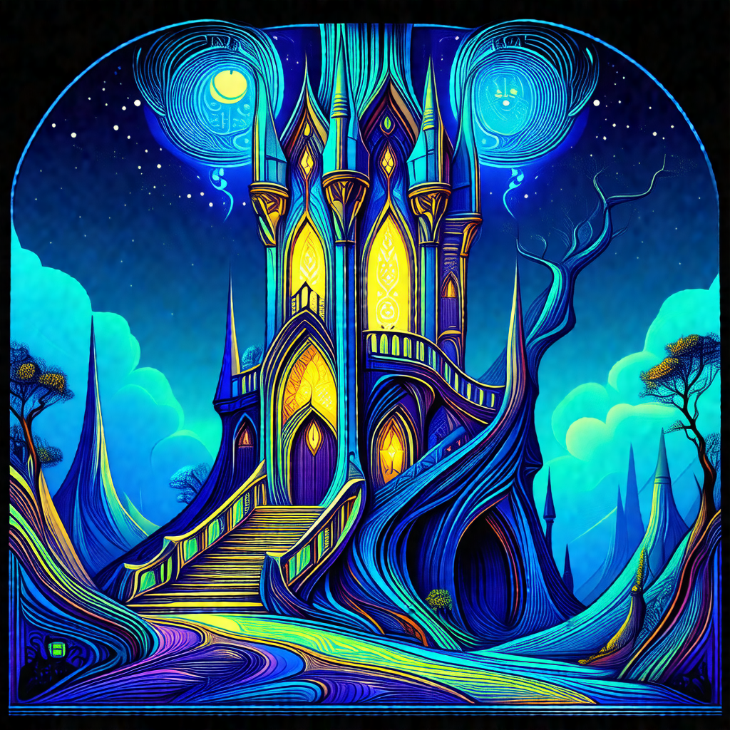 Large, colorful castle with a blue and yellow color scheme
