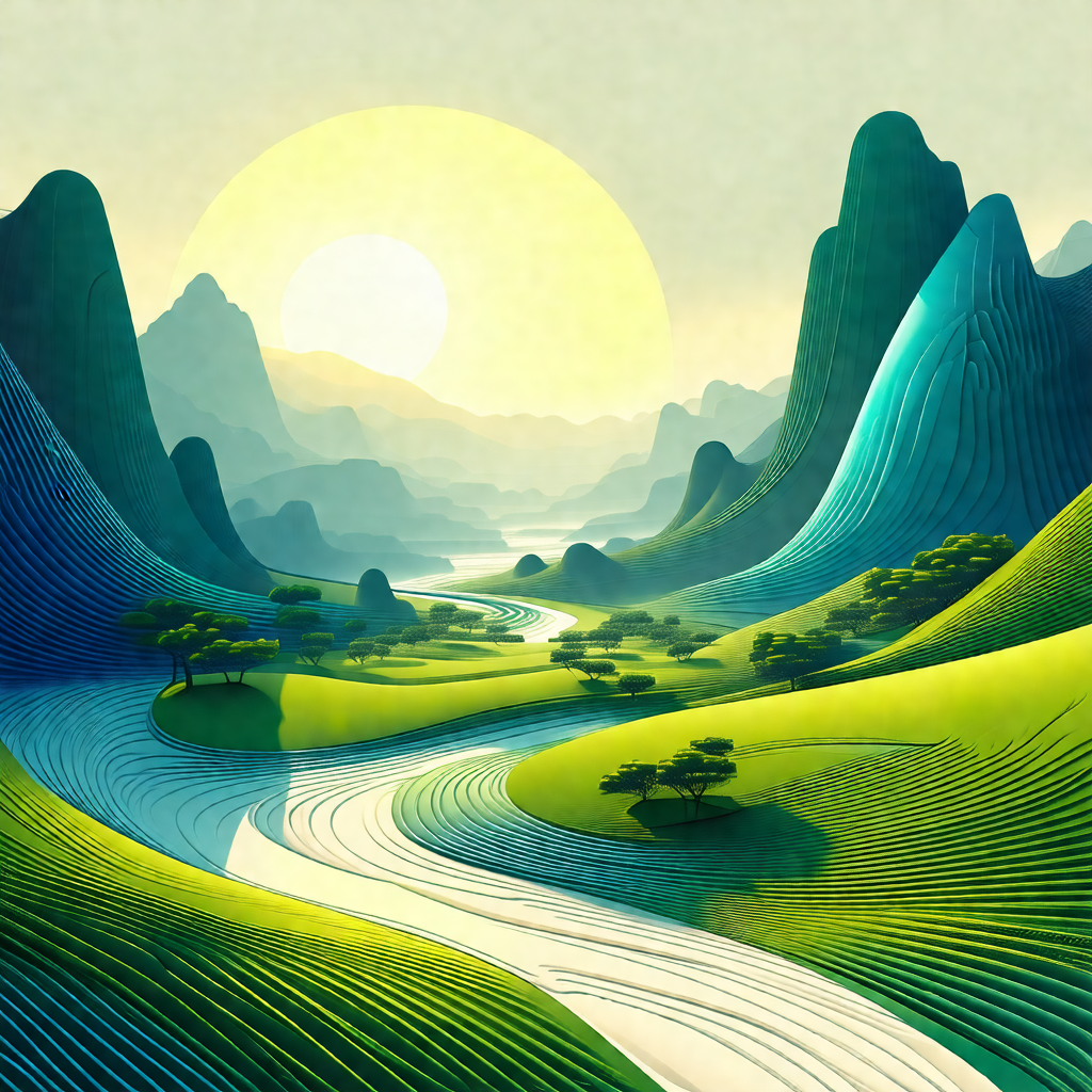 Painting of a beautiful landscape featuring a river flowi...