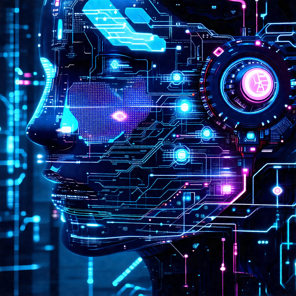Close-up of a futuristic robot face with a blue and purpl...