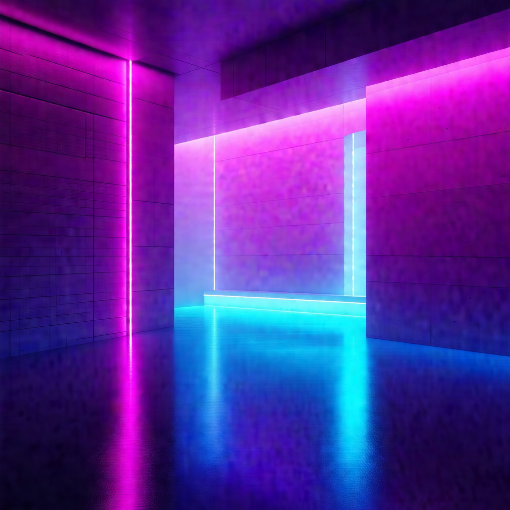 Large, brightly lit room with a purple and pink color scheme