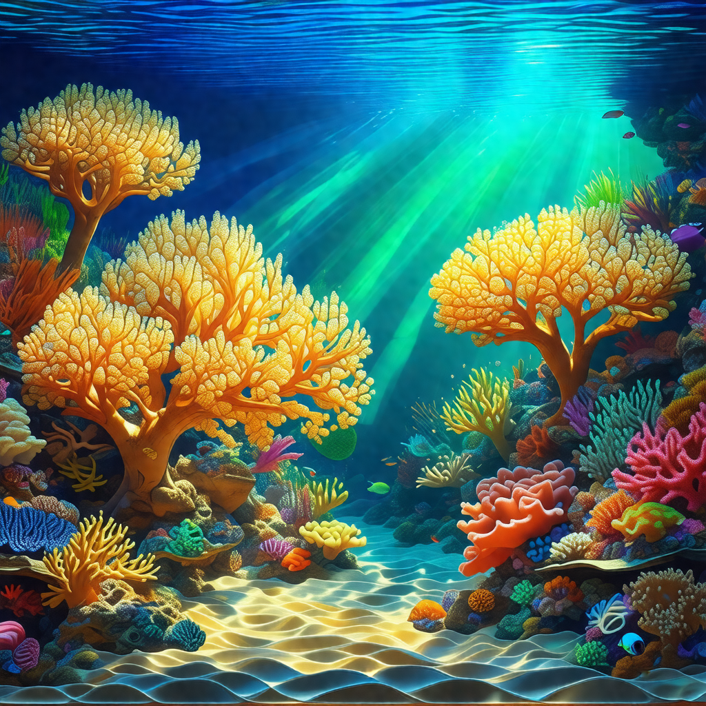 Vibrant and colorful underwater scene featuring a variety...