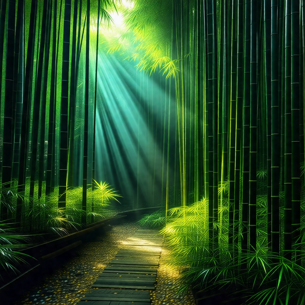 Serene forest scene with a pathway leading through the woods