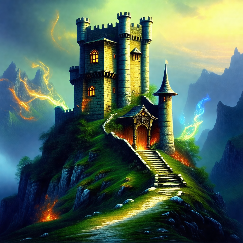 Large, old castle with a tall tower and a moat
