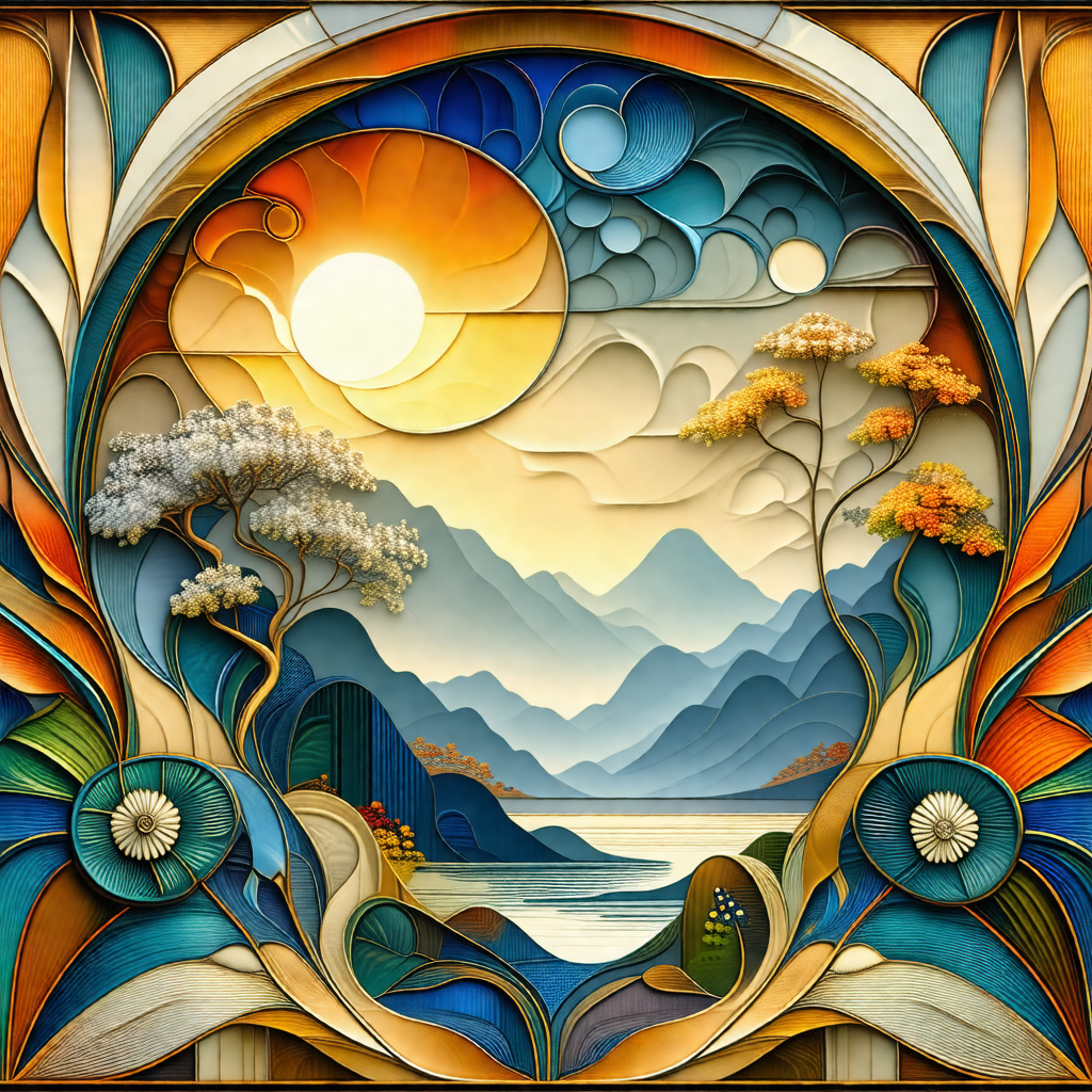 Beautiful stained glass window with a mountainous landsca...