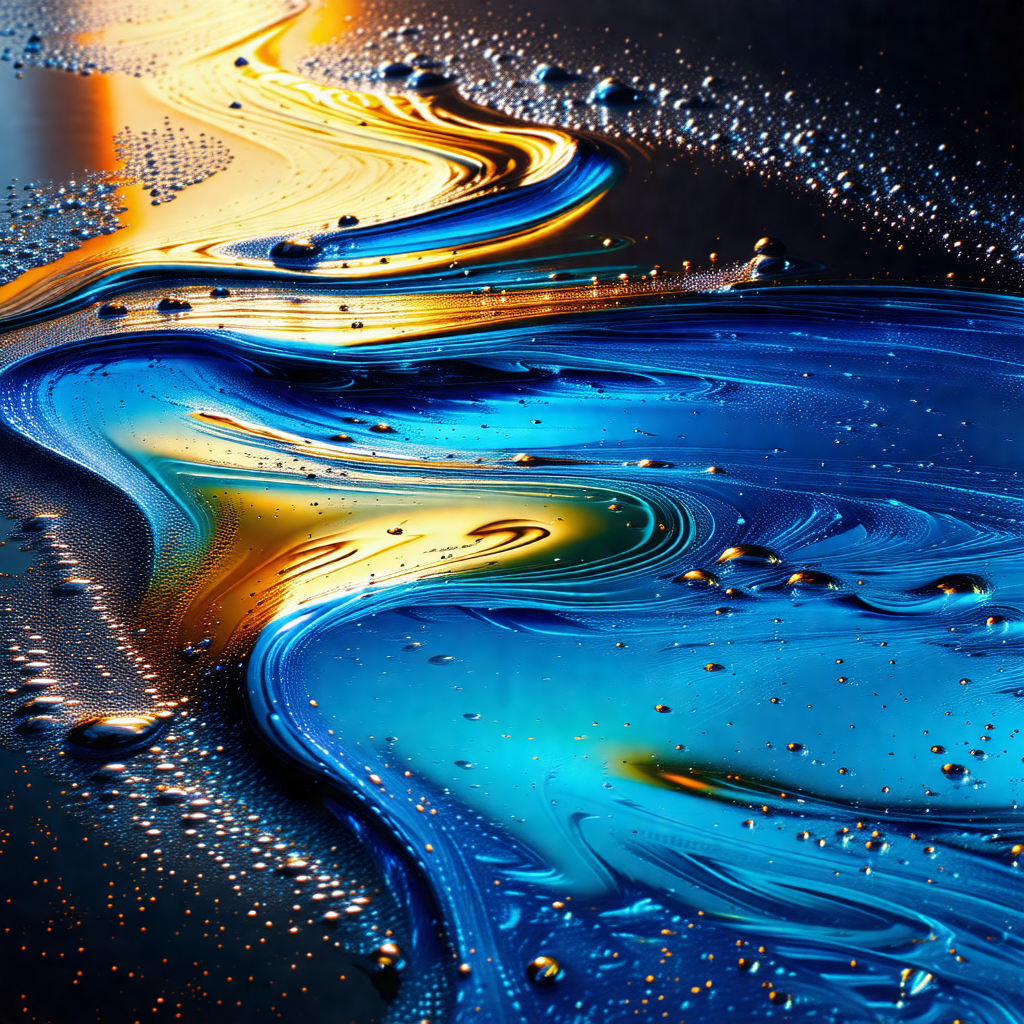 Blue and yellow liquid, possibly water or oil, with a few...