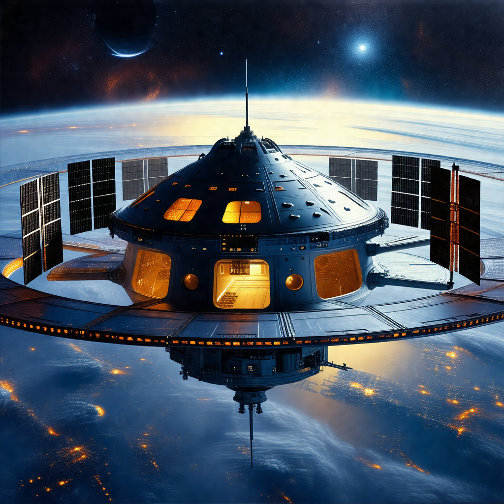 Futuristic spacecraft with a large dome on top, floating ...
