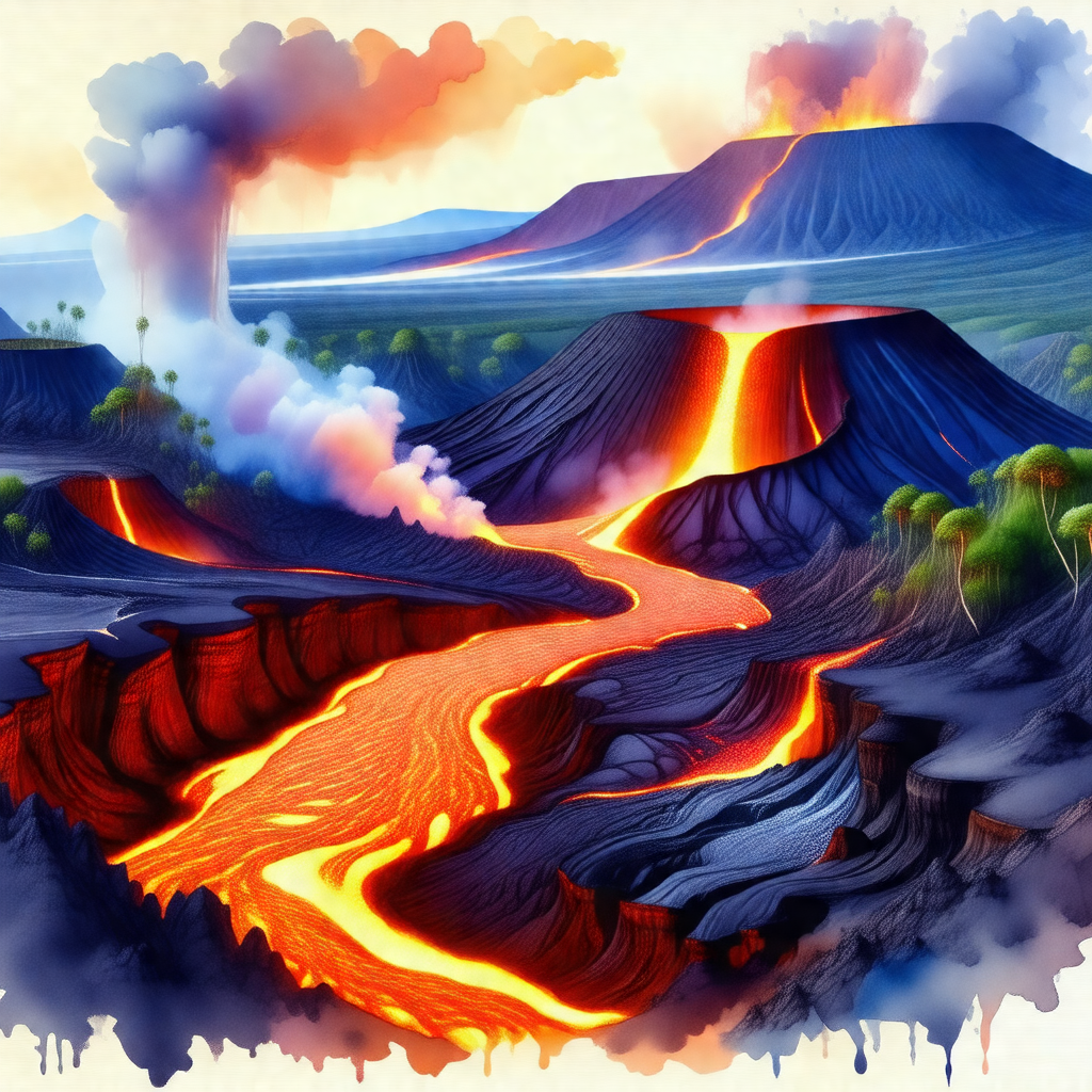 Colorful painting of a volcano with a river flowing throu...