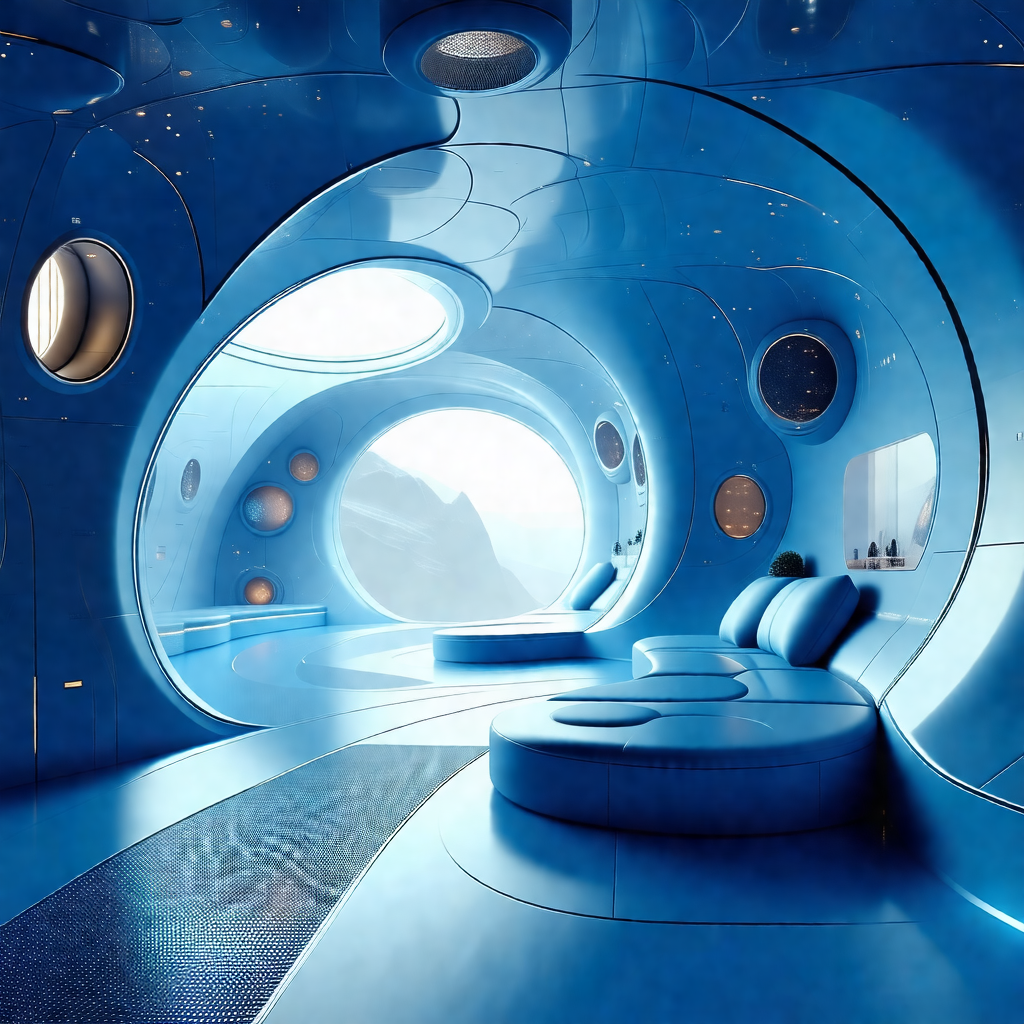 Large, blue, futuristic-looking room with a circular window